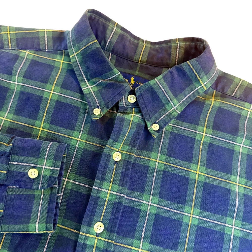 Ralph Lauren Mens XLT Plaid Button Down Shirt Navy Green Cotton Long Sleeve